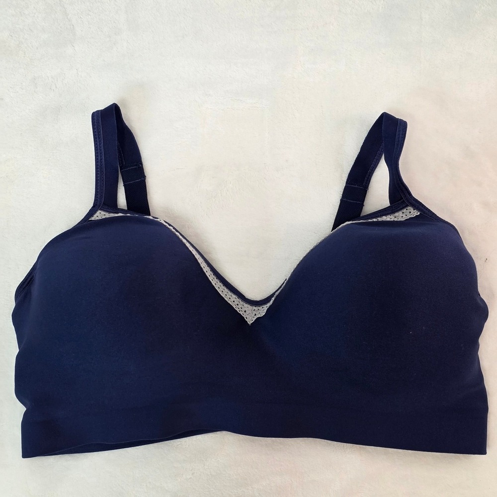 Hanes Wireless T-Shirt Bra Women L Navy Blue Mesh Trim Comfort Support